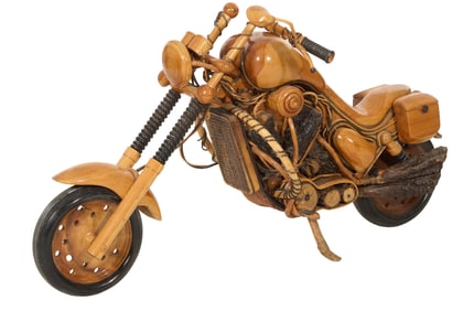 Wooden Motorcycle, 20th c., H.- 38 in., W.- 61 in., D.- 26 in.