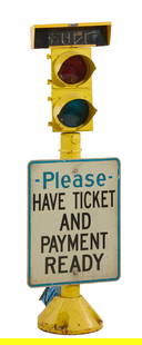 Amusement Park Stop Light Stand, 20th c., H.- 48 in., W.- 24 in., D.- 21 in.: Amusement Park Stop Light Stand, 20th c., with "FULL" sign above red and green lens, round standard with flared base, attached signage reading "Please Have Ticket and Payment Ready," H.- 48 in., W.- 2