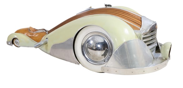 Unique Whimsical Hanging Roadster Display Light Fixture, 20th c., H.- 24 in., W.- 88 in., D.- 44 in.