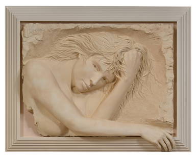 Bill Mack (American/Minnesota, b. 1949), "Daydream," Overall- H.- 40 in., W.- 50 3/4 in. D.- 5 in.: Bill Mack (American/Minnesota, b. 1949), "Daydream," bonded sand wall relief on wood panel, signed and numbered "52/145" upper left, presented in a white acrylic and wood frame, Overall- H.- 40 in., W
