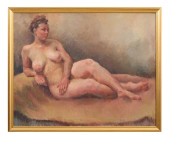 American School, "Reclining Female Nude," 20th c., Sight- H.- 24 in., W.- 30 in., Framed- H.- 26