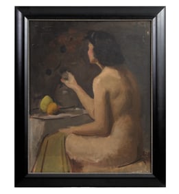 American School, "Study of a Nude with Flowers and Fruit," 20th c., Sight- H.- 31 in., W.- 25 in.,