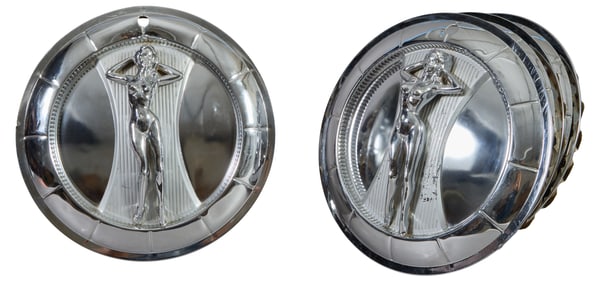 Four Aftermarket "Pin Up Girl" Hubcaps, 20th c., Dia.- 14 1/2 in. (4 Pcs.)