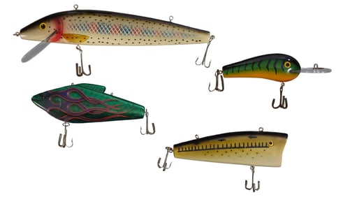Set of Four Oversized Decorative Fishing Lures, 21st c., Largest- H.- 7 in., W.- 28 in., D.- 3 1/2