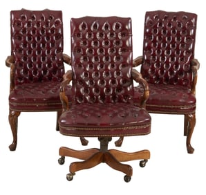 Three Georgian Style Tufted Cordovan Leather Office Chairs, 20th c., Each- H.- 43 1/2 in., W.- 24