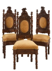 Set of Three Byzantine Style Carved Figural Hall Chairs, 20th c., Each- H.- 48 in., W.- 22 in., D.-