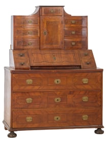 Italian Inlaid Parquetry Walnut Secretary Bureau, 19th c., H.- 69 in, W.- 50 1/2 in., D.- 25 in.