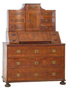 Italian Inlaid Parquetry Walnut Secretary Bureau, 19th c., H.- 69 in, W.- 50 1/2 in., D.- 25 in.: Italian Inlaid Parquetry Walnut Secretary Bureau, 19th c., the superstructure with a flat top over spandrel lower drawer cabinet, flanked by three drawers, over a lower fall front writing surface with