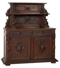 French Renaissance Revival Carved Oak Server, late 19th c., H.- 68 in., W.- 57 in., D.- 24 in.