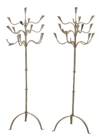Pair of Continental Wrought Iron Floor Candelabras, 20th c., Each- H.- 67 1/2 in., Dia.- 28 in. (2