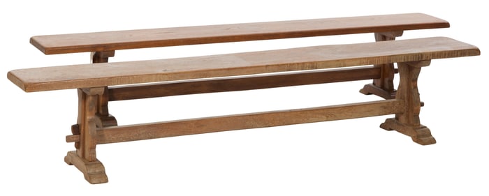 Pair of French Provincial Trestle Form Benches, 20th c. Each- H.- 17 in., W.- 84 in., D.- 11 in. (2