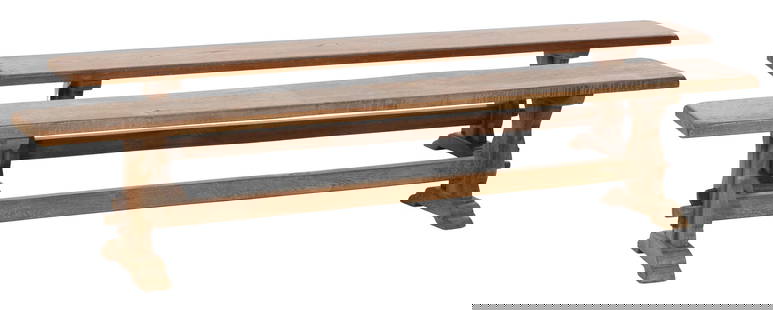 Pair of French Provincial Trestle Form Benches, 20th c. Each- H.- 17 in., W.- 84 in., D.- 11 in. (2: Pair of French Provincial Trestle Form Benches, 20th c. the long plank seats over stretchered tenoned trestle ends with sloped runner feet, Each- H.- 17 in., W.- 84 in., D.- 11 in. (2 Pcs.)