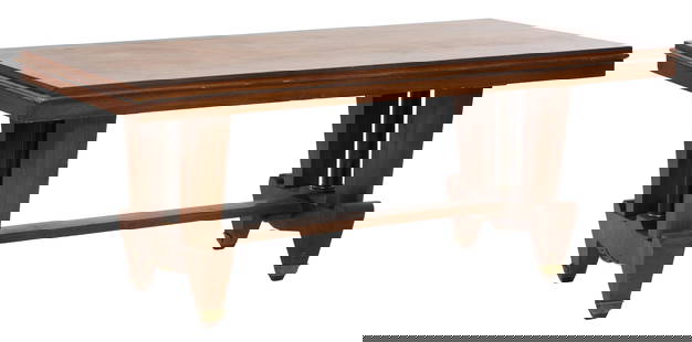 French Art Deco Ebonized Walnut Dining Table, early 20th c., H.- 29 in., W.- 72 in., D.- 38 1/2 in.: French Art Deco Ebonized Walnut Dining Table, early 20th c., restrained rectangular top with single reed edge, stretchered trestle form base with paired square tapered standards flanking an ebonized c