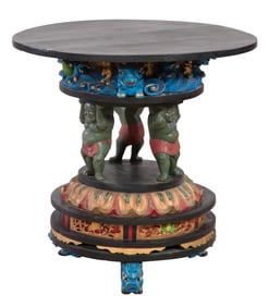 Polychromed Tibetan Side Table, 20th c., H.- 30 in., Dia. 30 in.
