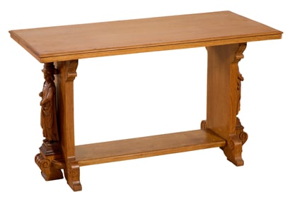 French Renaissance Revival Figural Carved Oak Low Table, 20th c., H.- 24 1/2 in., W.- 43 in., D.- 20
