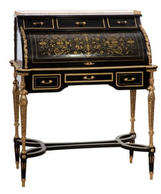 French Napoleon III Style Ormolu Mounted Ebonized Boulle Style Inlaid Cylinder Secretary, 20th c.,
