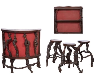 French Brutalist Walnut Root Bar Set, 20th c., Bar- H.- 40 1/2 in., W.- 39 1/2 in., D.- 18 in.;