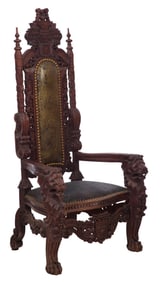 Continental Renaissance Revival Carved Walnut Throne Chair, late 19th c., H.- 71 1/2 in., W.- 38