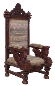 Italian Renaissance Revival Carved Walnut Throne Chair, late 19th c., H.- 68 1/2 in., W.- 36 in.,