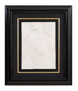 Bill Mack (American/Minnesota, b. 1949), "Small Female Bust," Sight- H.- 13 1/4 in., W.- 9 1/2 in.,: Bill Mack (American/Minnesota, b. 1949), "Small Female Bust," bonded sand bas relief on wood panel, signed lower left, presented in a black acrylic frame with a linen liner, Sight- H.- 13 1/4 in., W.-