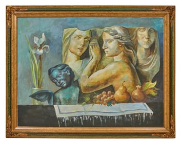 American School (20th Century), "Still Life with Vase of Lilies Sculptural Relief of Maidens and