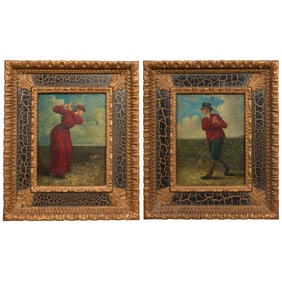 American/British School, "Portraits of a Man and Woman Golfer, from the Golden Age of Golf,