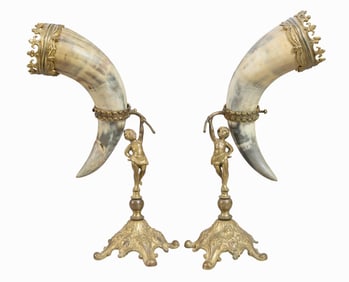 Pair of German Gilt Bronze Mounted Ceremonial Drinking Horns, 20th c., Each- H.- 16 in., W.- 7 1/2