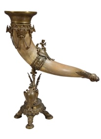 German Gilt Bronze Mounted Ceremonial Drinking Horn, 20th c., H.- 22 in., W.- 18 1/2 in.