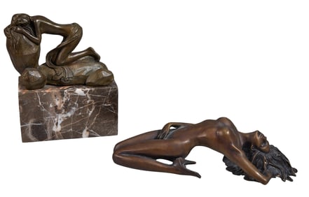 Two Bronze Nudes, 20th c., Larger- H.- 8 in., W.- 6 in., D.- 3 in. (2 Pcs.)