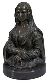 Bronze Mona Lisa On Marble Base, 20th c., H.- 14 1/2 in., Dia.- 8 1/2 in.