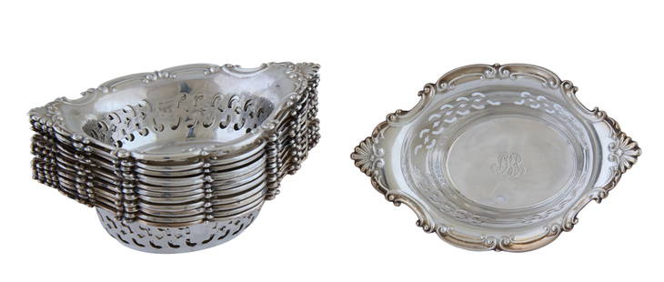 Thirteen Gorham Sterling Nut Dishes, 20th c., App. Total Sterling Wt.- 9.54 Troy oz.; Each- H.- 1: Thirteen Gorham Sterling Nut Dishes, 20th c., in the "Cromwell" pattern, #A4780, with scalloped edges and pierced sides, App. Total Sterling Wt.- 9.54 Troy oz.; Each- H.- 1 in., W.- 3 7/8 in., D.- 2 1