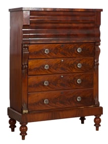 American Empire Flame Mahogany Chest of Drawers on Stand, mid 19th c., H.- 69 1/2 in., W.- 49 in.,