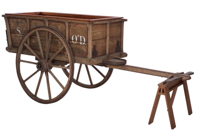English Inspired Wooden Merchant Pull Cart, 19th/20th c., Cart- H.- 42 in., W.- 98 in., D.- 38 in.