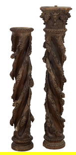 Large Byzantine Style Carved Oak Column, 19th c., H.- 98 in., Dia.- 11 in.: Large Byzantine Style Carved Oak Column, 19th c., with lions head and grape spiral relief carving, in two parts, H.- 98 in., Dia.- 11 in.