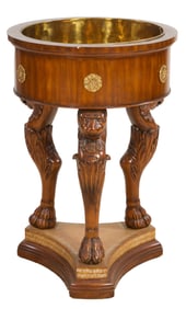 Maitland Smith Brass Leather and Mahogany Cellarette, 20th c., H.- 34 in., Dia.- 23 in.