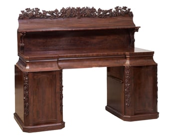 American Grape Vine Carved Walnut Sideboard, late 19th c., H.- 61 in., W.- 74 in., D.- 25 in.