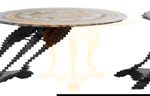 Classical Style Specimen Pietra Dura Top Gilt Bronze Griffin Center Table, 20th c., H.- 30 in.,: Classical Style Specimen Pietra Dura Top Gilt Bronze Griffin Center Table, 20th c., the geometrical inlaid round marble top over three griffin monopod supports, on moulded tripartite base, H.- 30 in.,