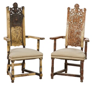 Pair of Carved and Painted Heraldry Hall Chairs, 20th c., Each- H.- 54 in., W.- 29 1/2 in., D.- 23