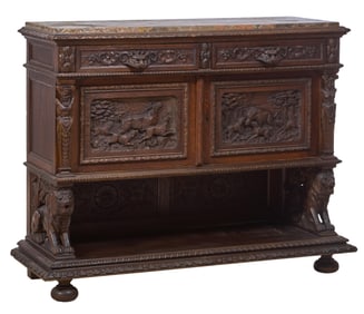 French Renaissance Revival Marble Top Carved Walnut Server, late 19th c., H.- 45 1/2 in., W.- 55 1/4