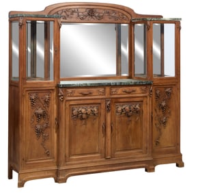 French Art Nouveau Marble Carved Walnut Top Server, early 20th c., H.- 78 in., W.- 79 in., D.- 20