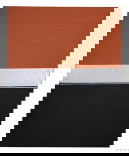 Allen Melton (American/Mississippi, b. 1964), "Untitled: Orange, Silver and Black Abstract," H.- 48: Allen Melton (American/Mississippi, b. 1964), "Untitled: Orange, Silver and Black Abstract," acrylic on canvas, signed en verso, unframed, H.- 48 in., W.- 60 in.