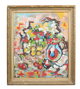 Rocco "R. Monti" Monticolo (Italian, b. 1931), "Mid-Century Abstract Still Life," Sight- H.- 24 in.,: Rocco "R. Monti" Monticolo (Italian, b. 1931), "Mid-Century Abstract Still Life," oil on canvas, signed lower right, presented in a giltwood frame, Sight- H.- 24 in., W.- 30 in., Framed- H.- 28 3/4