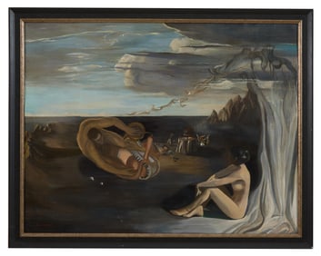 Rolf Sauerwein (German, 1942-2014), "Surrealist Landscape with Male Musician and Female Muse,"
