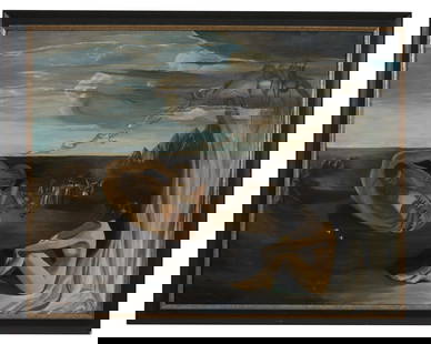 Rolf Sauerwein (German, 1942-2014), "Surrealist Landscape with Male Musician and Female Muse,": Rolf Sauerwein (German, 1942-2014), "Surrealist Landscape with Male Musician and Female Muse," oil on canvas, signed lower left, presented in an ebonized wood frame, Sight- H.- 30 3/4 in., W.- 40