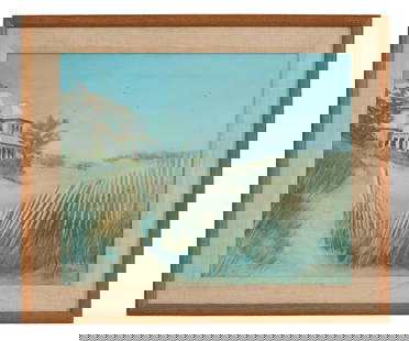 Jeanne Zephir (American, 1935-2024), "September Memory: Beach House in Dunes, Leominster,: Jeanne Zephir (American, 1935-2024), "September Memory: Beach House in Dunes, Leominster, Massachusetts," oil on canvas, signed lower right, titled on stretcher, presented in a wood frame with a