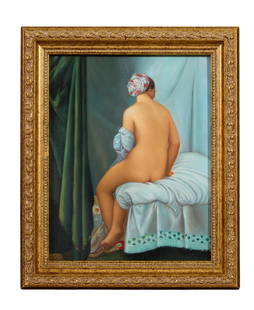 After Jean-Auguste-Dominique Ingres (French, 1780-1867), "The Valpicon Bather (1808)," Sight- H.- 11: After Jean-Auguste-Dominique Ingres (French, 1780-1867), "The Valpicon Bather (1808)," oil on wood panel, signed "C. Kramer" lower right, probably for Claude Kramer (French, 20th/21st Century),