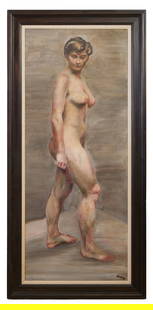 Jane Downs Carter (American/California, mid-20th Century), "Large Standing Female Nude," Sight- H.-: Jane Downs Carter (American/California, mid-20th Century), "Large Standing Female Nude," oil on canvas, signed lower right and en verso, presented in a wood frame, Sight- H.- 70 3/4 in., W.- 29 in.,