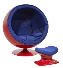 Eero Aarino Red & Blue Ball Chair and Ottoman, 1970s, Chair- H.- 54 in., W.- 45 in., D.- 32 in.;