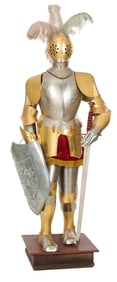 Large Brass Knight Suite of Armory, on Wooden Armature, 20th c., H.- 81 in., W.- 30 in., D.- 25 in.
