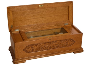 Carved Oak Jacot's Cylinder Music Box, c. 1880, H.- 12 in., W.- 36 in., D.- 14 1/2 in.